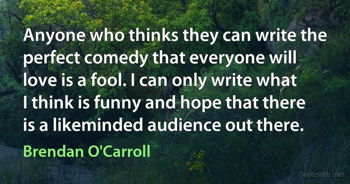 Anyone who thinks they can write the perfect comedy that everyone will love is a fool. I can only write what I think is funny and hope that there is a likeminded audience out there. (Brendan O'Carroll)