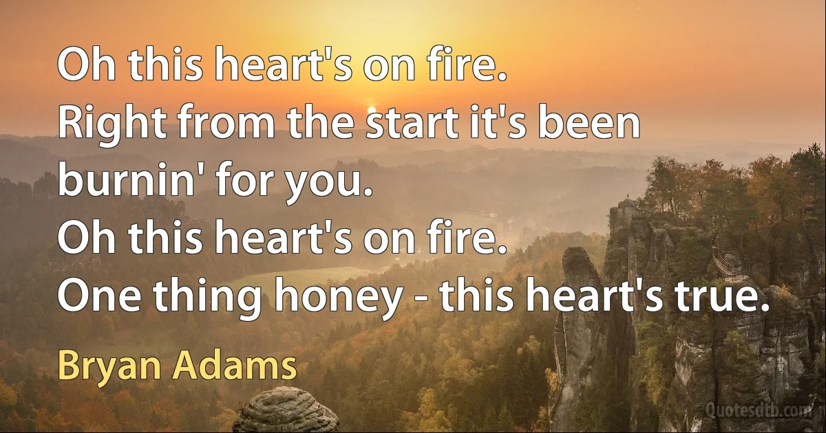 Oh this heart's on fire.
Right from the start it's been burnin' for you.
Oh this heart's on fire.
One thing honey - this heart's true. (Bryan Adams)