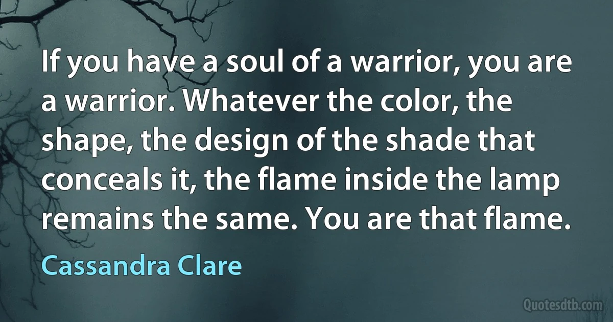 If you have a soul of a warrior, you are a warrior. Whatever the color, the shape, the design of the shade that conceals it, the flame inside the lamp remains the same. You are that flame. (Cassandra Clare)