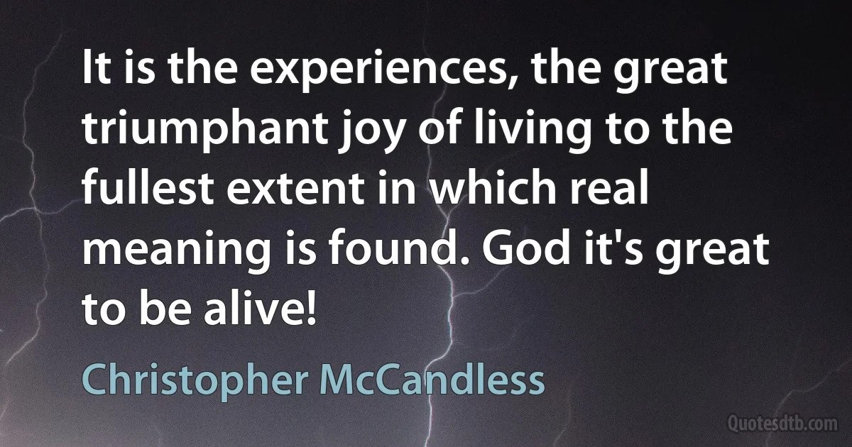 It is the experiences, the great triumphant joy of living to the fullest extent in which real meaning is found. God it's great to be alive! (Christopher McCandless)