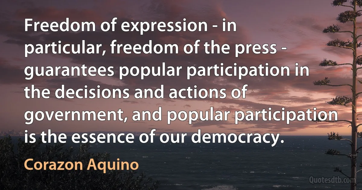 Freedom of expression - in particular, freedom of the press - guarantees popular participation in the decisions and actions of government, and popular participation is the essence of our democracy. (Corazon Aquino)