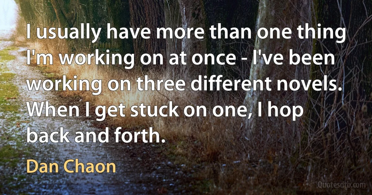 I usually have more than one thing I'm working on at once - I've been working on three different novels. When I get stuck on one, I hop back and forth. (Dan Chaon)