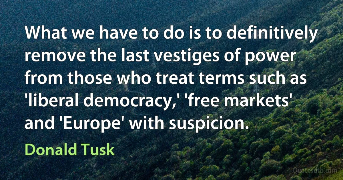 What we have to do is to definitively remove the last vestiges of power from those who treat terms such as 'liberal democracy,' 'free markets' and 'Europe' with suspicion. (Donald Tusk)