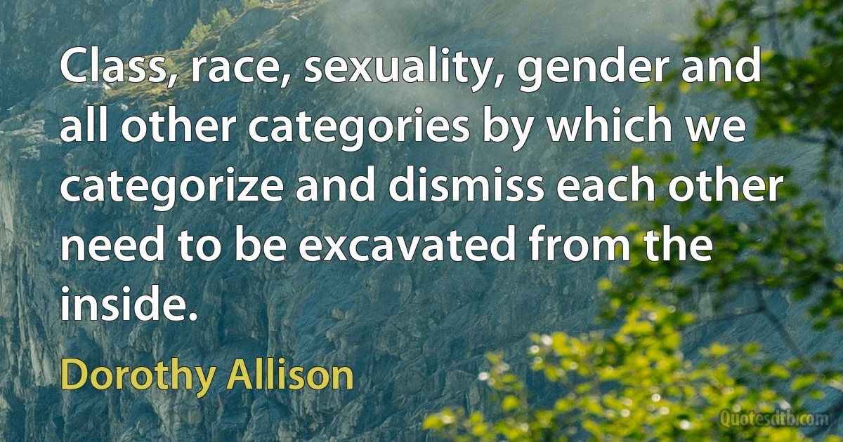 Class, race, sexuality, gender and all other categories by which we categorize and dismiss each other need to be excavated from the inside. (Dorothy Allison)