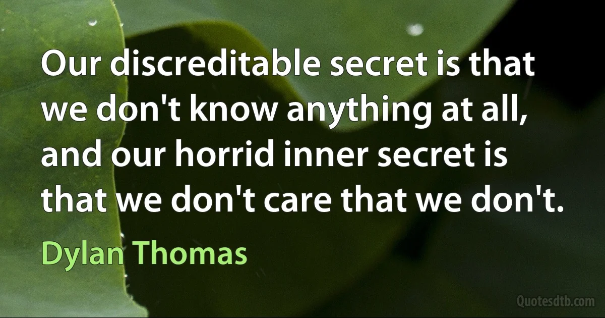 Our discreditable secret is that we don't know anything at all, and our horrid inner secret is that we don't care that we don't. (Dylan Thomas)