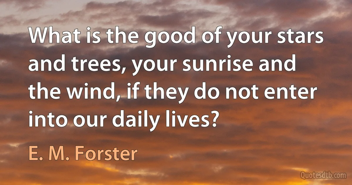 What is the good of your stars and trees, your sunrise and the wind, if they do not enter into our daily lives? (E. M. Forster)