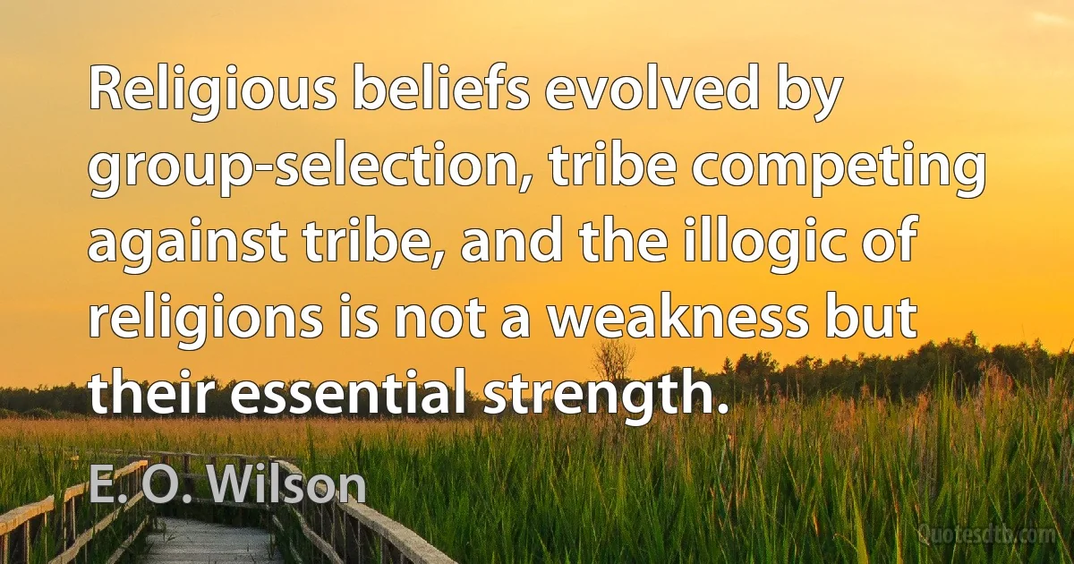 Religious beliefs evolved by group-selection, tribe competing against tribe, and the illogic of religions is not a weakness but their essential strength. (E. O. Wilson)