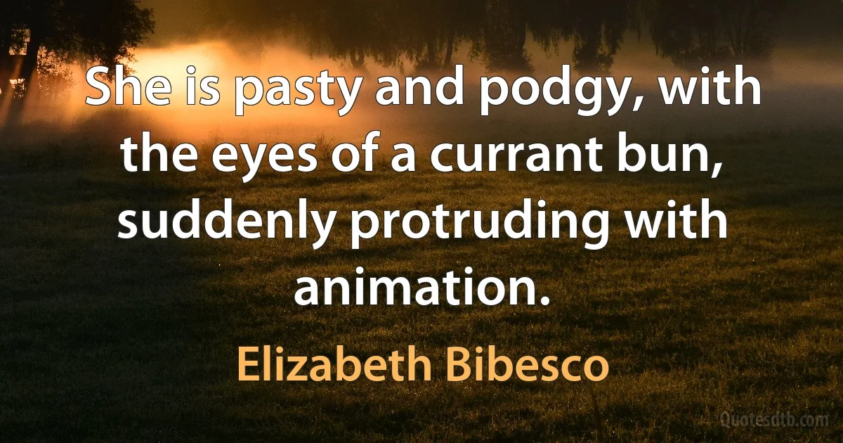 She is pasty and podgy, with the eyes of a currant bun, suddenly protruding with animation. (Elizabeth Bibesco)