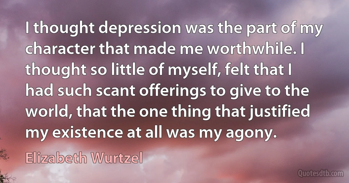 I thought depression was the part of my character that made me worthwhile. I thought so little of myself, felt that I had such scant offerings to give to the world, that the one thing that justified my existence at all was my agony. (Elizabeth Wurtzel)