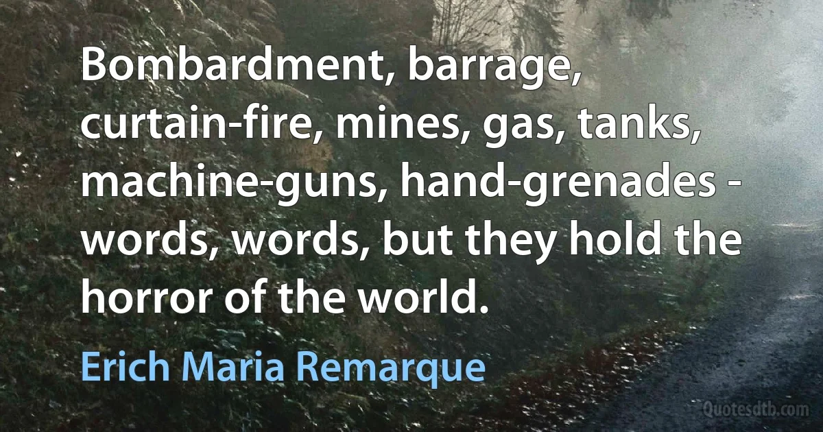 Bombardment, barrage, curtain-fire, mines, gas, tanks, machine-guns, hand-grenades - words, words, but they hold the horror of the world. (Erich Maria Remarque)