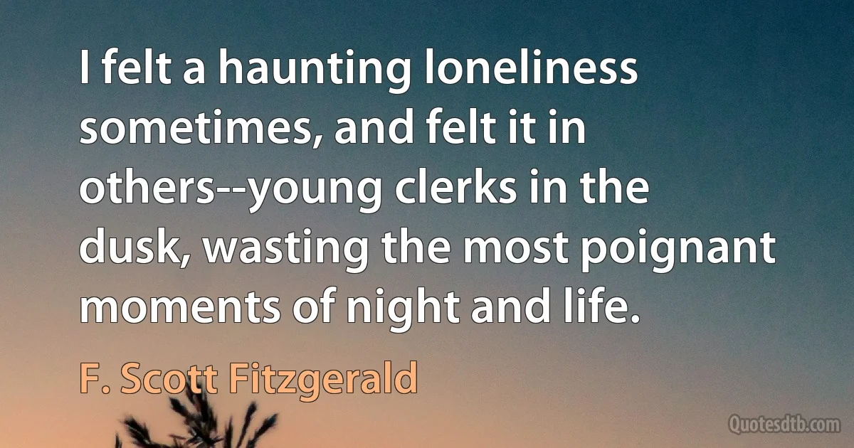 I felt a haunting loneliness sometimes, and felt it in others--young clerks in the dusk, wasting the most poignant moments of night and life. (F. Scott Fitzgerald)