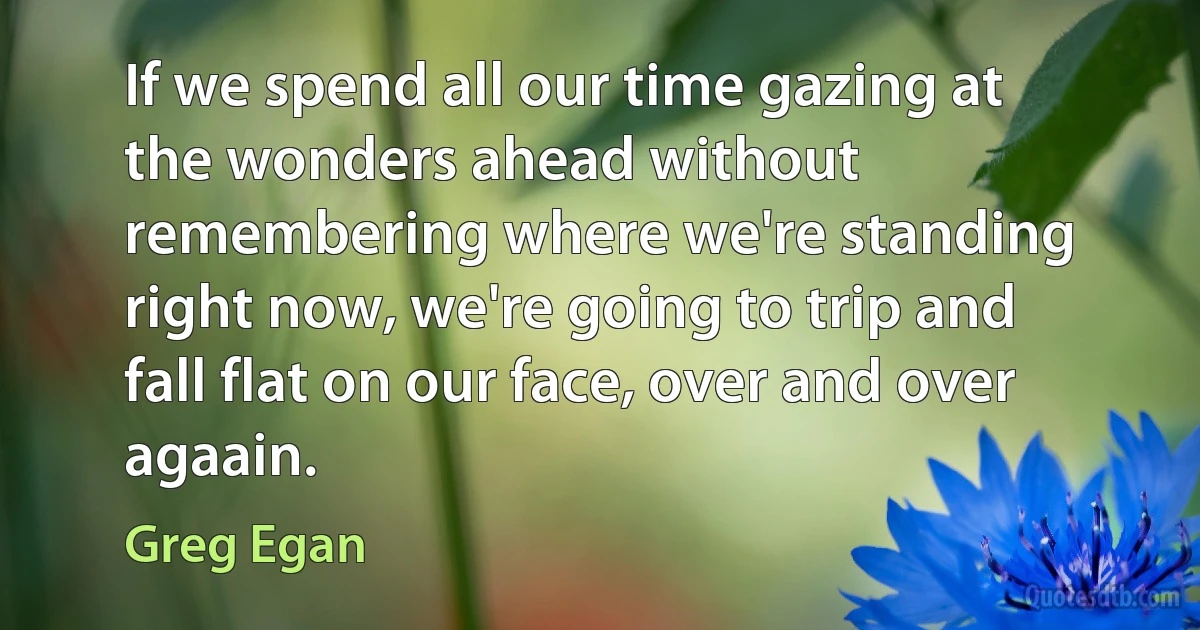 If we spend all our time gazing at the wonders ahead without remembering where we're standing right now, we're going to trip and fall flat on our face, over and over agaain. (Greg Egan)