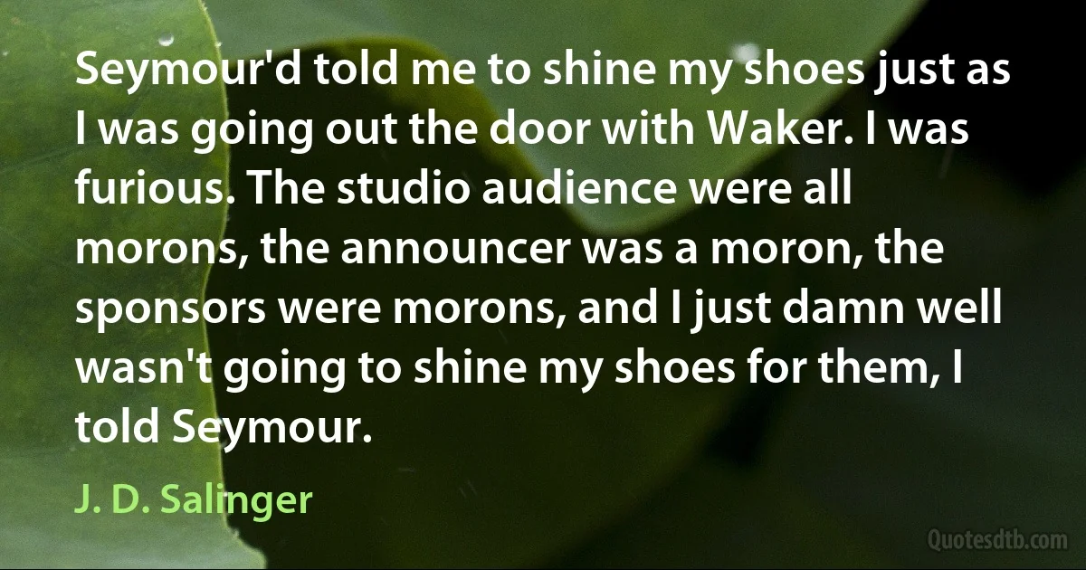 Seymour'd told me to shine my shoes just as I was going out the door with Waker. I was furious. The studio audience were all morons, the announcer was a moron, the sponsors were morons, and I just damn well wasn't going to shine my shoes for them, I told Seymour. (J. D. Salinger)