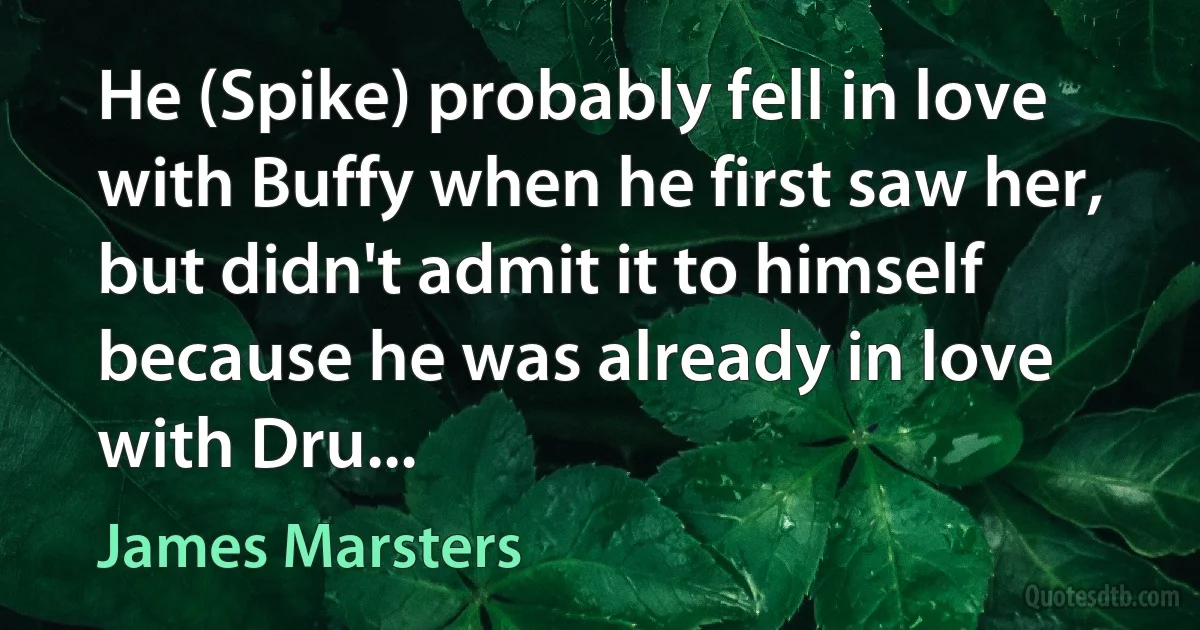 He (Spike) probably fell in love with Buffy when he first saw her, but didn't admit it to himself because he was already in love with Dru... (James Marsters)