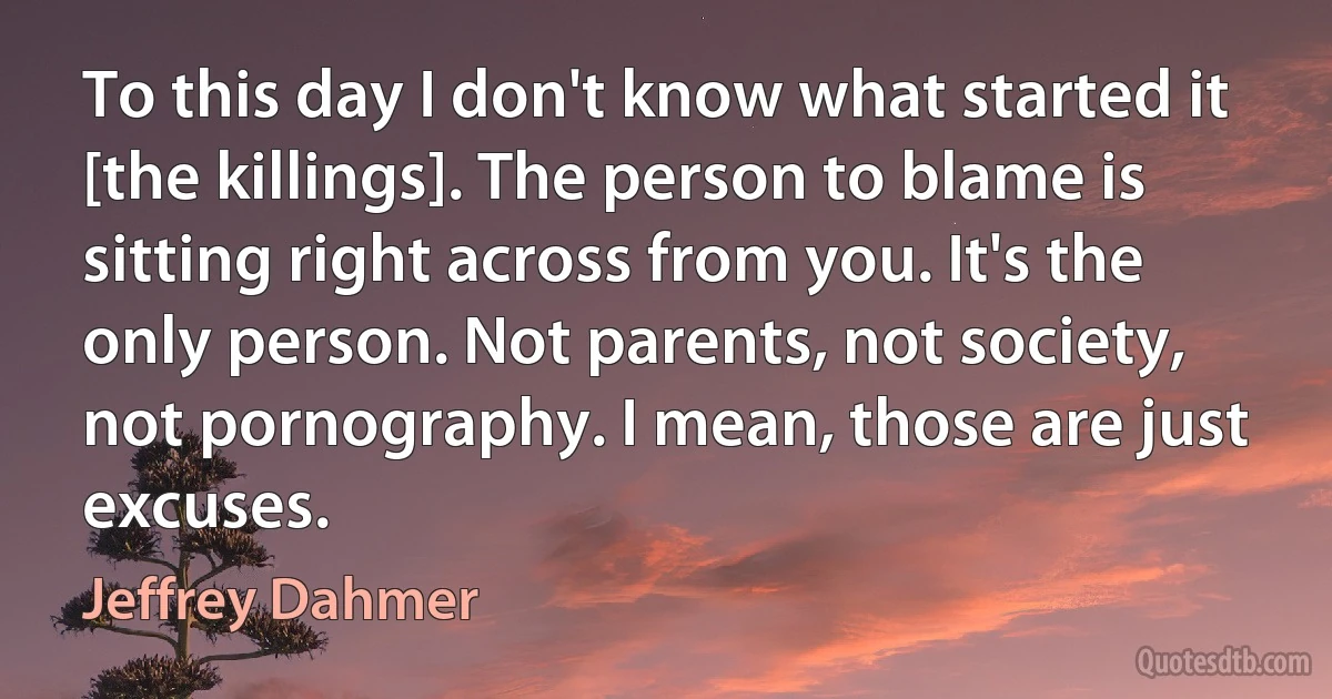 To this day I don't know what started it [the killings]. The person to blame is sitting right across from you. It's the only person. Not parents, not society, not pornography. I mean, those are just excuses. (Jeffrey Dahmer)