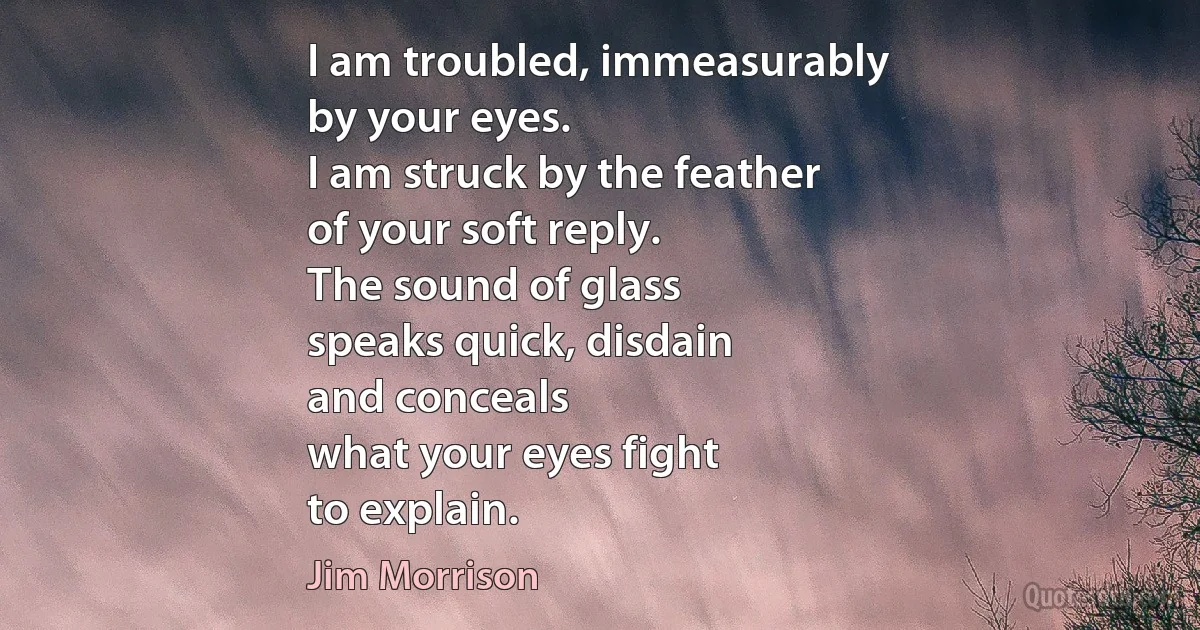 I am troubled, immeasurably
by your eyes.
I am struck by the feather
of your soft reply.
The sound of glass
speaks quick, disdain
and conceals
what your eyes fight
to explain. (Jim Morrison)