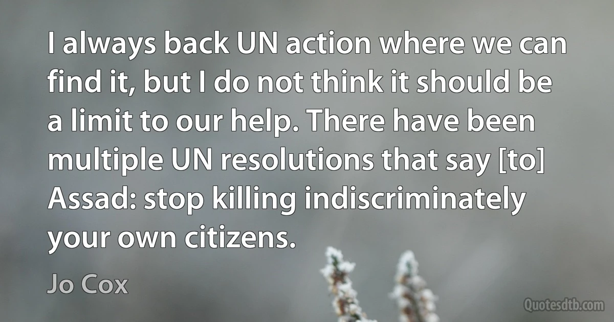 I always back UN action where we can find it, but I do not think it should be a limit to our help. There have been multiple UN resolutions that say [to] Assad: stop killing indiscriminately your own citizens. (Jo Cox)