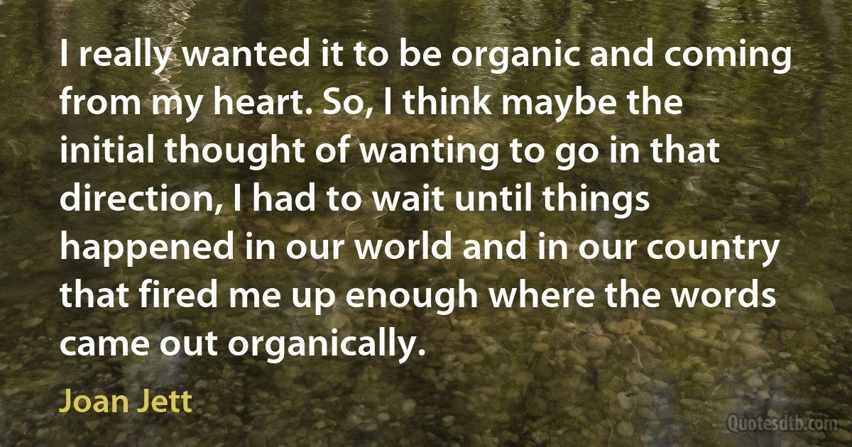 I really wanted it to be organic and coming from my heart. So, I think maybe the initial thought of wanting to go in that direction, I had to wait until things happened in our world and in our country that fired me up enough where the words came out organically. (Joan Jett)