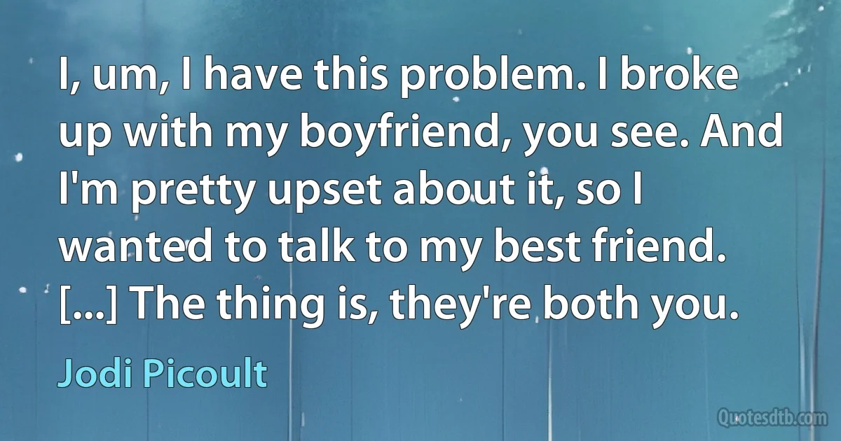 I, um, I have this problem. I broke up with my boyfriend, you see. And I'm pretty upset about it, so I wanted to talk to my best friend. [...] The thing is, they're both you. (Jodi Picoult)