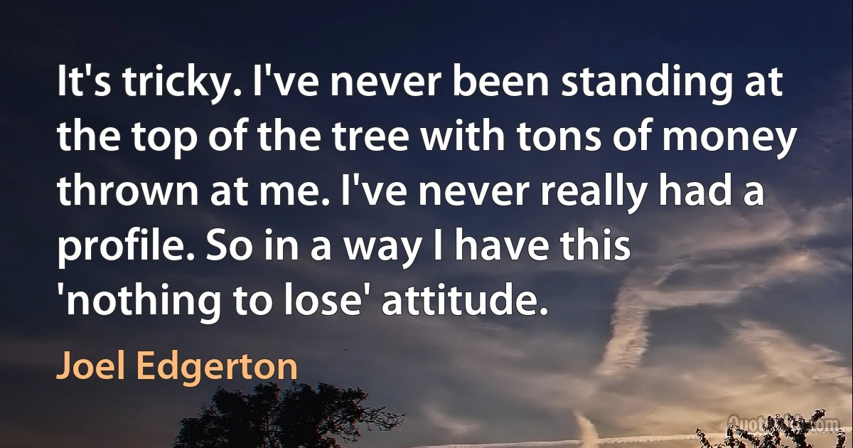 It's tricky. I've never been standing at the top of the tree with tons of money thrown at me. I've never really had a profile. So in a way I have this 'nothing to lose' attitude. (Joel Edgerton)