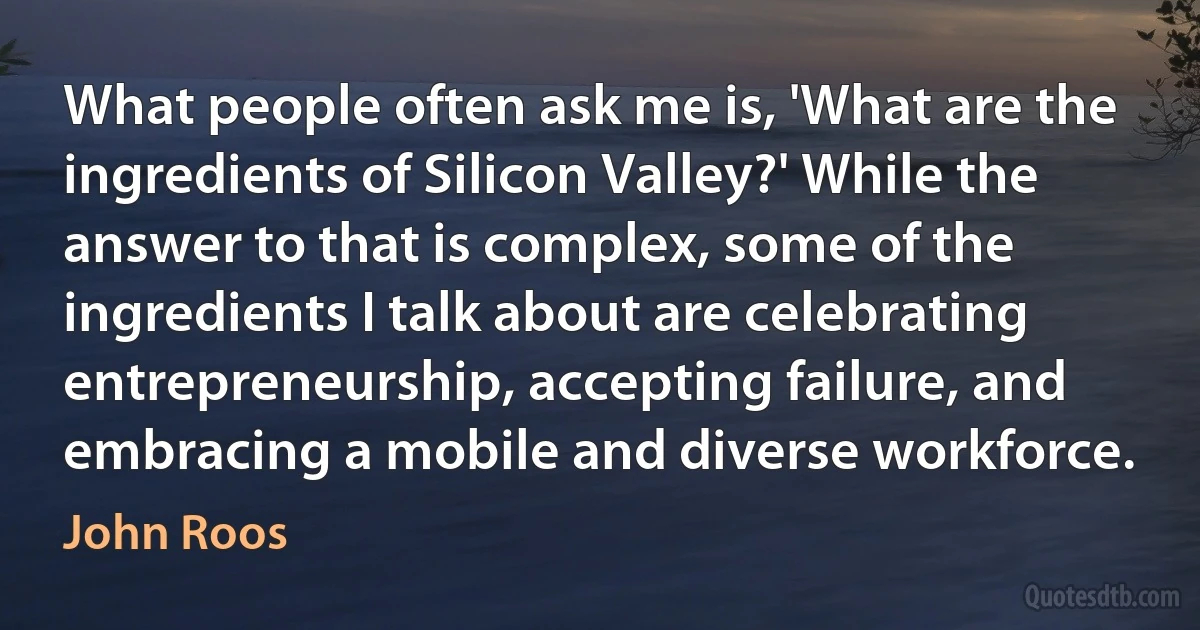 What people often ask me is, 'What are the ingredients of Silicon Valley?' While the answer to that is complex, some of the ingredients I talk about are celebrating entrepreneurship, accepting failure, and embracing a mobile and diverse workforce. (John Roos)