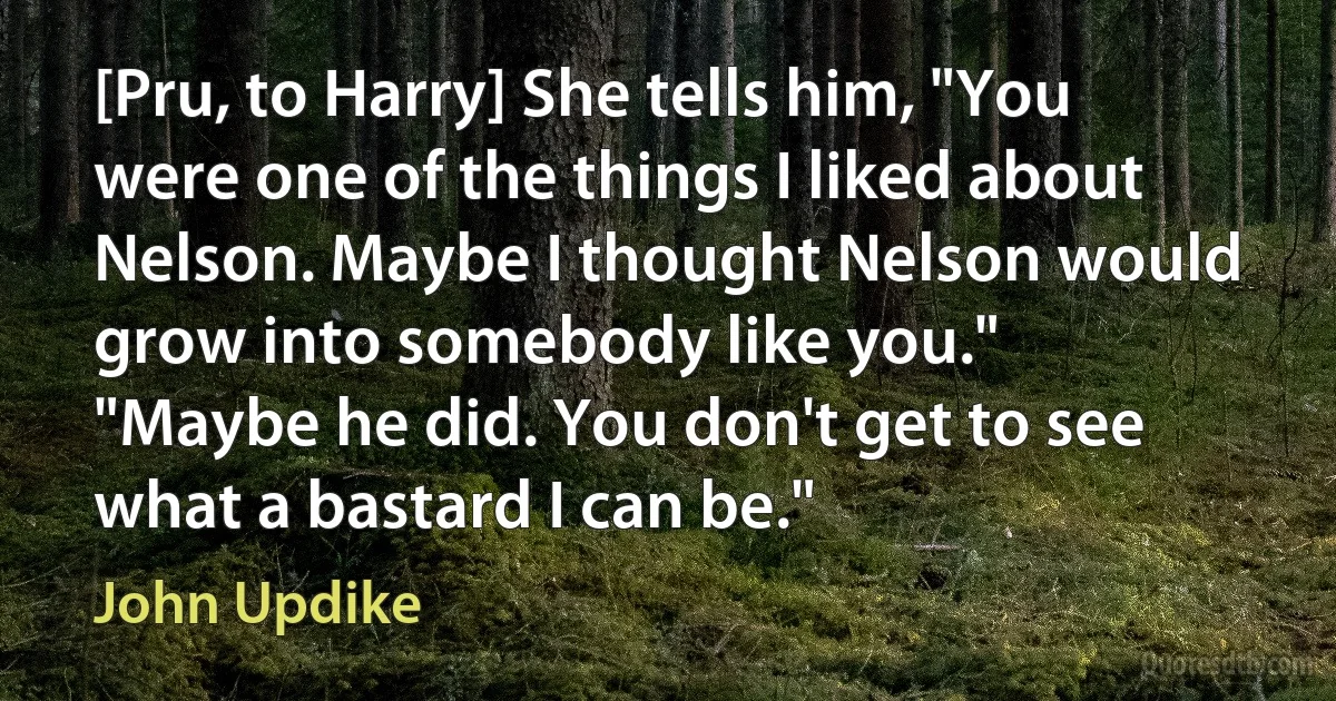 [Pru, to Harry] She tells him, "You were one of the things I liked about Nelson. Maybe I thought Nelson would grow into somebody like you."
"Maybe he did. You don't get to see what a bastard I can be." (John Updike)