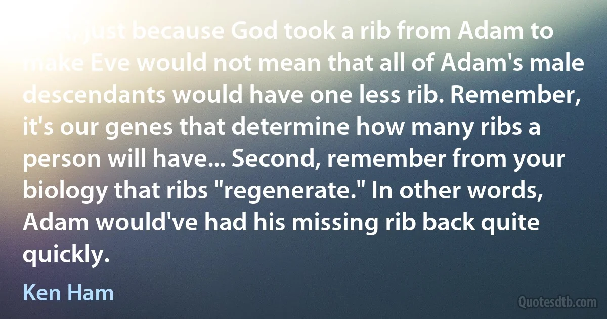 First, just because God took a rib from Adam to make Eve would not mean that all of Adam's male descendants would have one less rib. Remember, it's our genes that determine how many ribs a person will have... Second, remember from your biology that ribs "regenerate." In other words, Adam would've had his missing rib back quite quickly. (Ken Ham)