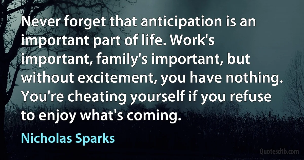 Never forget that anticipation is an important part of life. Work's important, family's important, but without excitement, you have nothing. You're cheating yourself if you refuse to enjoy what's coming. (Nicholas Sparks)