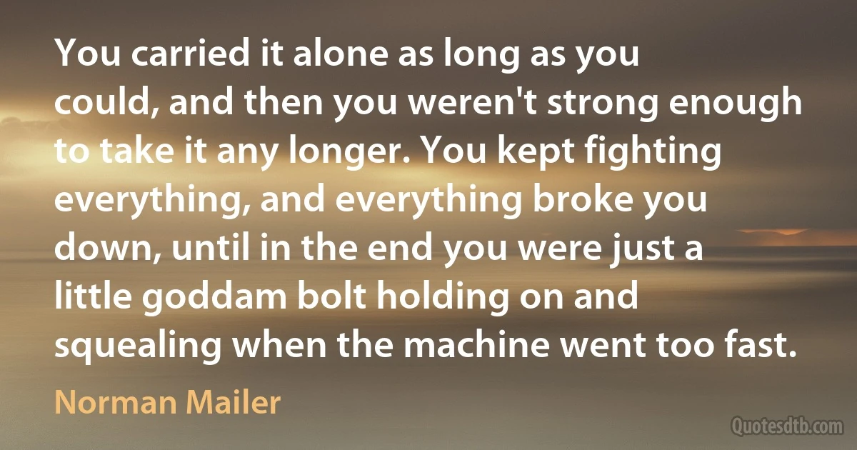 You carried it alone as long as you could, and then you weren't strong enough to take it any longer. You kept fighting everything, and everything broke you down, until in the end you were just a little goddam bolt holding on and squealing when the machine went too fast. (Norman Mailer)