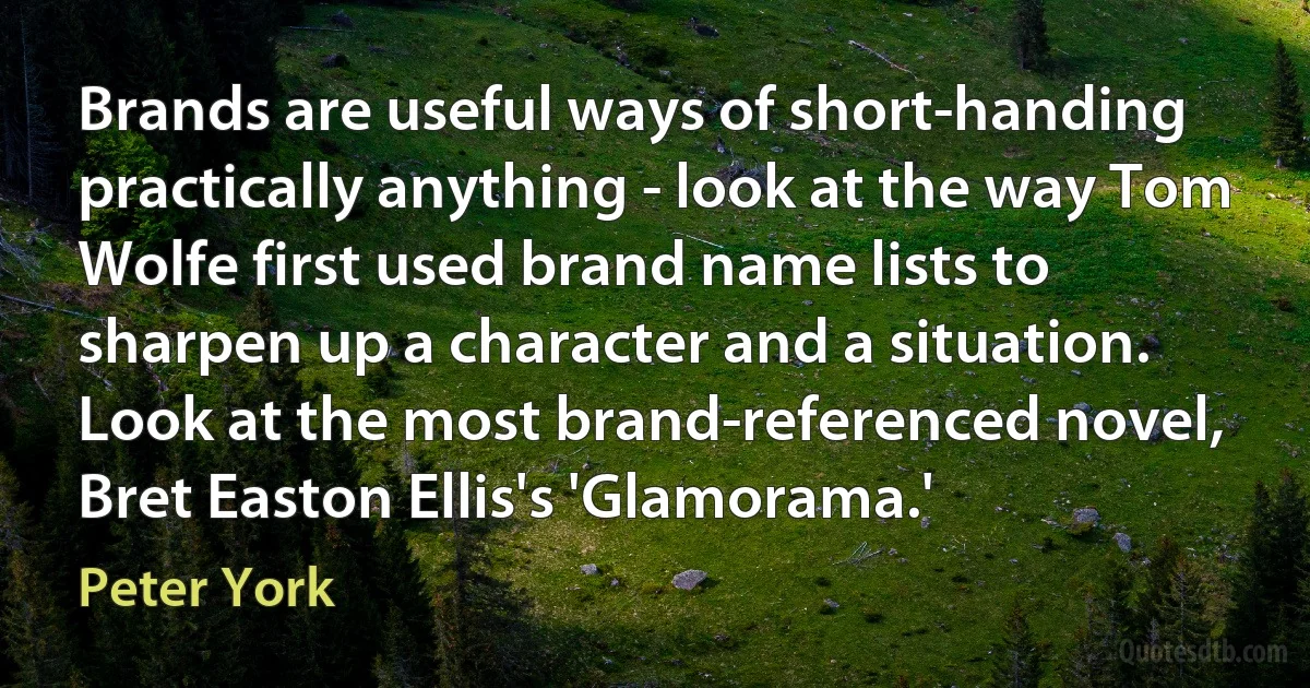 Brands are useful ways of short-handing practically anything - look at the way Tom Wolfe first used brand name lists to sharpen up a character and a situation. Look at the most brand-referenced novel, Bret Easton Ellis's 'Glamorama.' (Peter York)