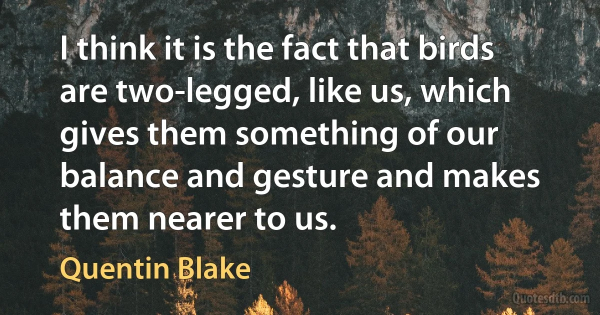 I think it is the fact that birds are two-legged, like us, which gives them something of our balance and gesture and makes them nearer to us. (Quentin Blake)