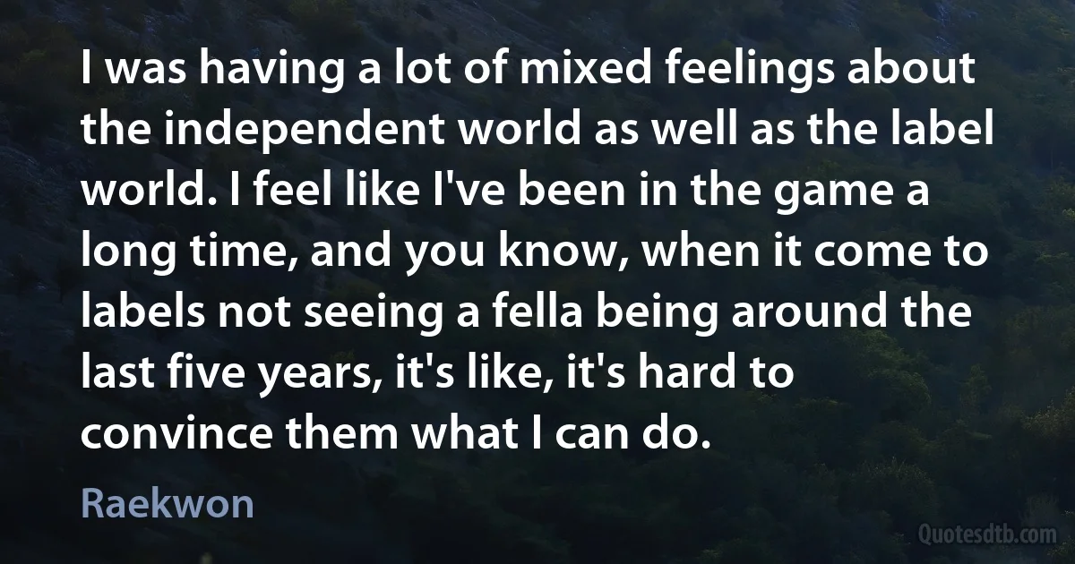 I was having a lot of mixed feelings about the independent world as well as the label world. I feel like I've been in the game a long time, and you know, when it come to labels not seeing a fella being around the last five years, it's like, it's hard to convince them what I can do. (Raekwon)