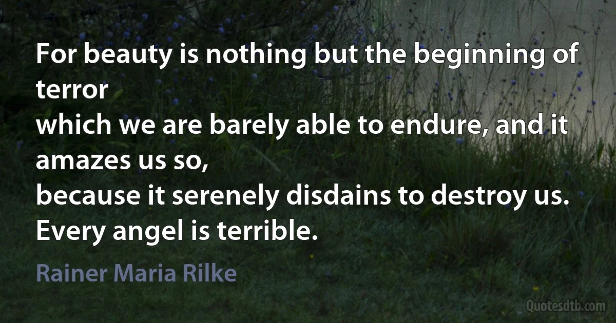 For beauty is nothing but the beginning of terror
which we are barely able to endure, and it amazes us so,
because it serenely disdains to destroy us.
Every angel is terrible. (Rainer Maria Rilke)