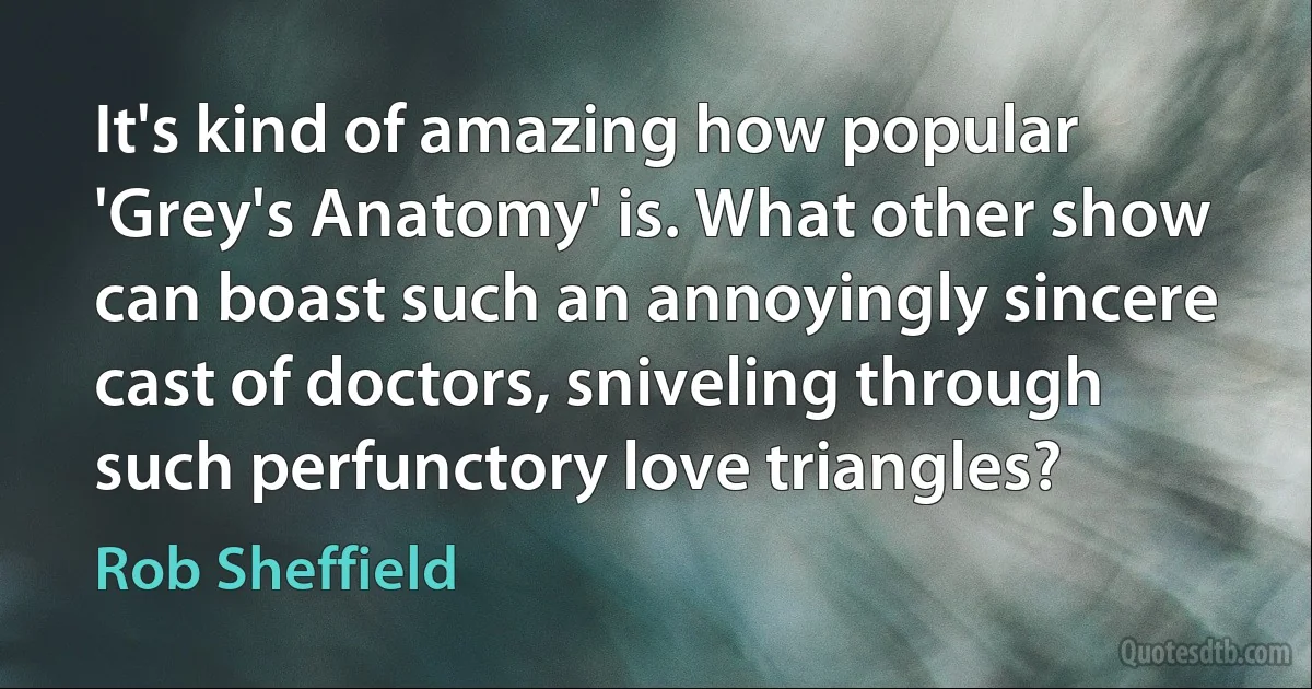 It's kind of amazing how popular 'Grey's Anatomy' is. What other show can boast such an annoyingly sincere cast of doctors, sniveling through such perfunctory love triangles? (Rob Sheffield)