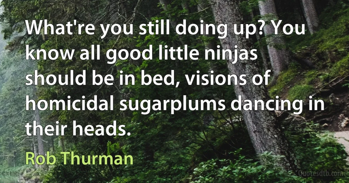 What're you still doing up? You know all good little ninjas should be in bed, visions of homicidal sugarplums dancing in their heads. (Rob Thurman)