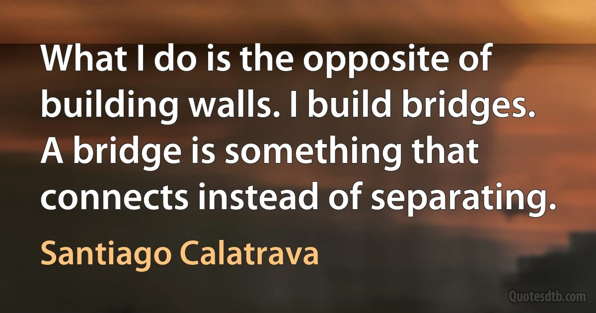 What I do is the opposite of building walls. I build bridges. A bridge is something that connects instead of separating. (Santiago Calatrava)