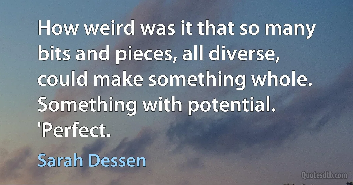 How weird was it that so many bits and pieces, all diverse, could make something whole. Something with potential. 'Perfect. (Sarah Dessen)