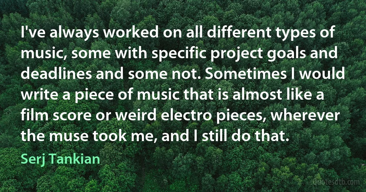 I've always worked on all different types of music, some with specific project goals and deadlines and some not. Sometimes I would write a piece of music that is almost like a film score or weird electro pieces, wherever the muse took me, and I still do that. (Serj Tankian)