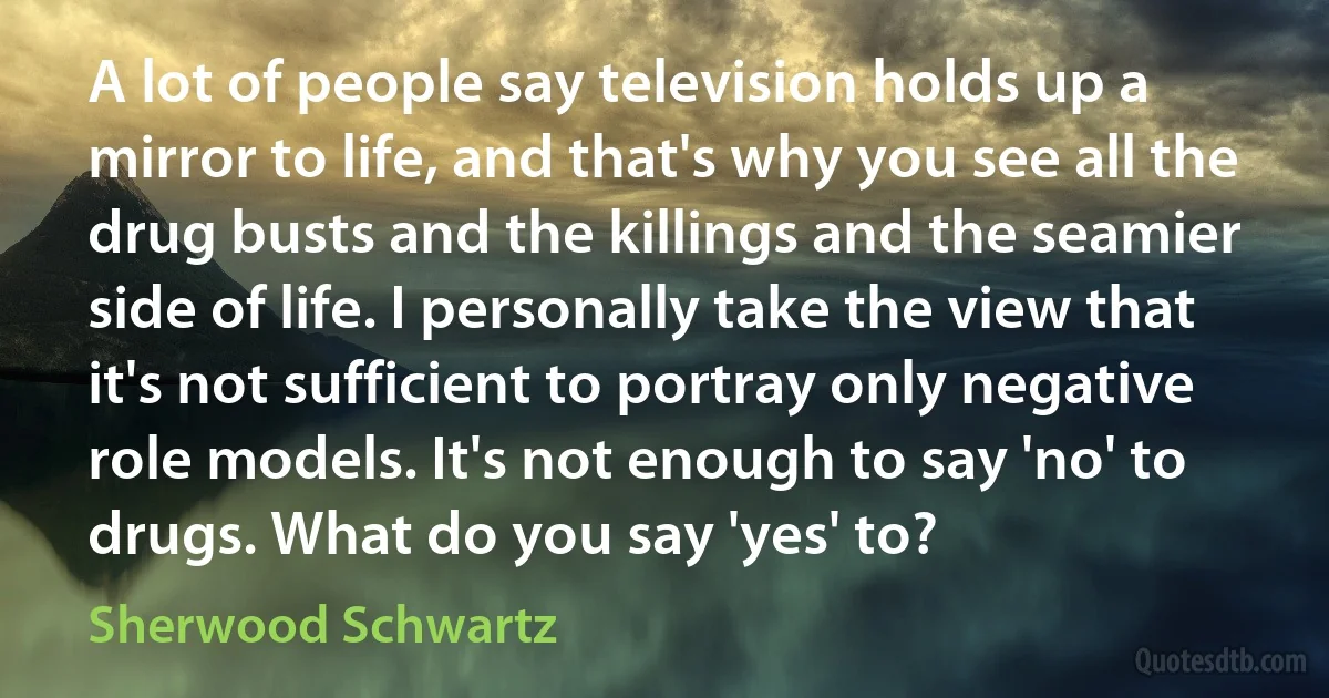 A lot of people say television holds up a mirror to life, and that's why you see all the drug busts and the killings and the seamier side of life. I personally take the view that it's not sufficient to portray only negative role models. It's not enough to say 'no' to drugs. What do you say 'yes' to? (Sherwood Schwartz)