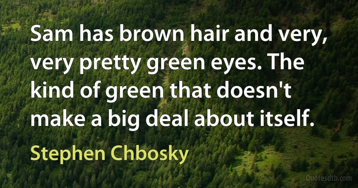 Sam has brown hair and very, very pretty green eyes. The kind of green that doesn't make a big deal about itself. (Stephen Chbosky)