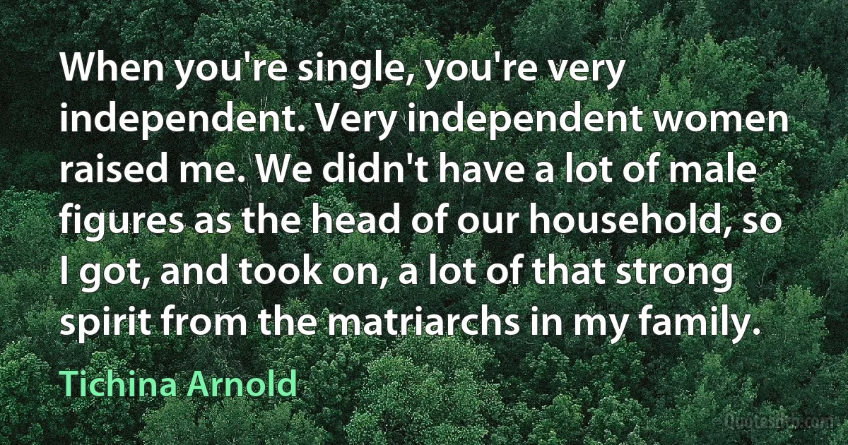 When you're single, you're very independent. Very independent women raised me. We didn't have a lot of male figures as the head of our household, so I got, and took on, a lot of that strong spirit from the matriarchs in my family. (Tichina Arnold)