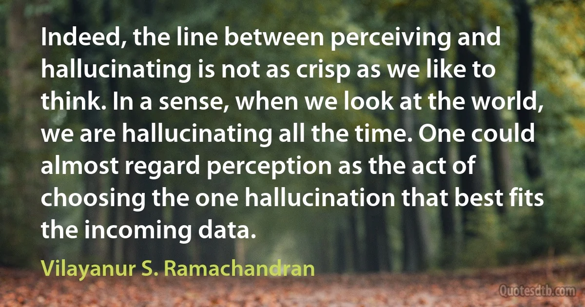 Indeed, the line between perceiving and hallucinating is not as crisp as we like to think. In a sense, when we look at the world, we are hallucinating all the time. One could almost regard perception as the act of choosing the one hallucination that best fits the incoming data. (Vilayanur S. Ramachandran)