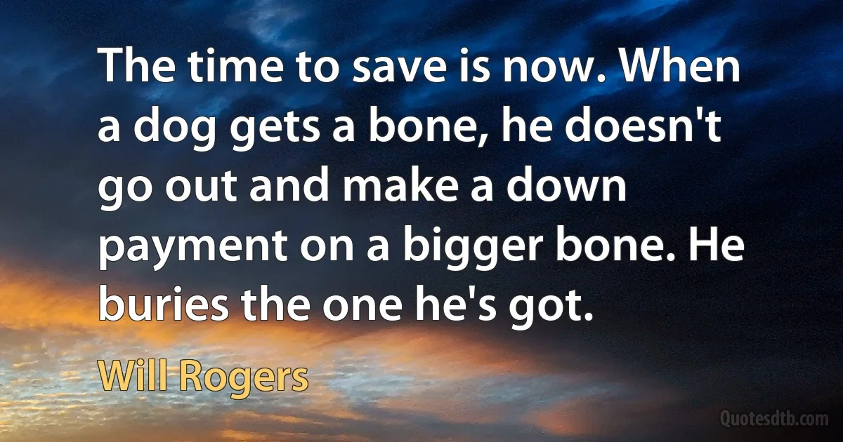 The time to save is now. When a dog gets a bone, he doesn't go out and make a down payment on a bigger bone. He buries the one he's got. (Will Rogers)