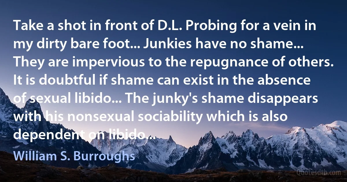 Take a shot in front of D.L. Probing for a vein in my dirty bare foot... Junkies have no shame... They are impervious to the repugnance of others. It is doubtful if shame can exist in the absence of sexual libido... The junky's shame disappears with his nonsexual sociability which is also dependent on libido... (William S. Burroughs)