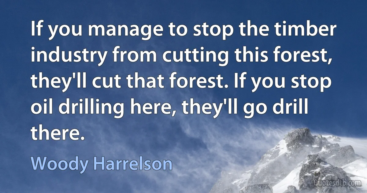 If you manage to stop the timber industry from cutting this forest, they'll cut that forest. If you stop oil drilling here, they'll go drill there. (Woody Harrelson)