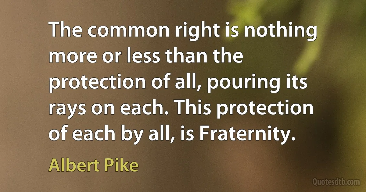 The common right is nothing more or less than the protection of all, pouring its rays on each. This protection of each by all, is Fraternity. (Albert Pike)