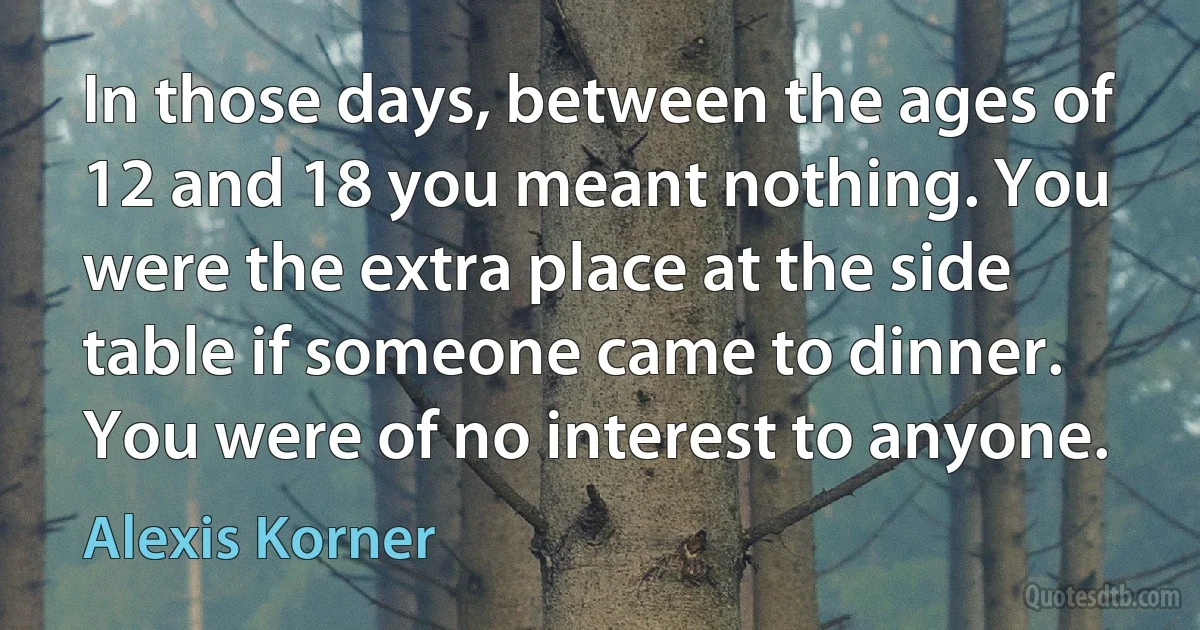 In those days, between the ages of 12 and 18 you meant nothing. You were the extra place at the side table if someone came to dinner. You were of no interest to anyone. (Alexis Korner)