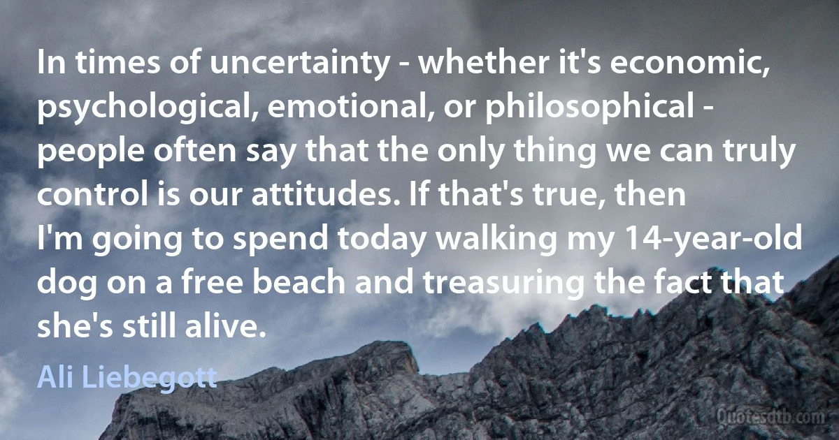 In times of uncertainty - whether it's economic, psychological, emotional, or philosophical - people often say that the only thing we can truly control is our attitudes. If that's true, then I'm going to spend today walking my 14-year-old dog on a free beach and treasuring the fact that she's still alive. (Ali Liebegott)