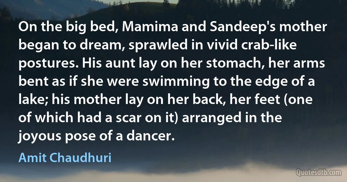 On the big bed, Mamima and Sandeep's mother began to dream, sprawled in vivid crab-like postures. His aunt lay on her stomach, her arms bent as if she were swimming to the edge of a lake; his mother lay on her back, her feet (one of which had a scar on it) arranged in the joyous pose of a dancer. (Amit Chaudhuri)