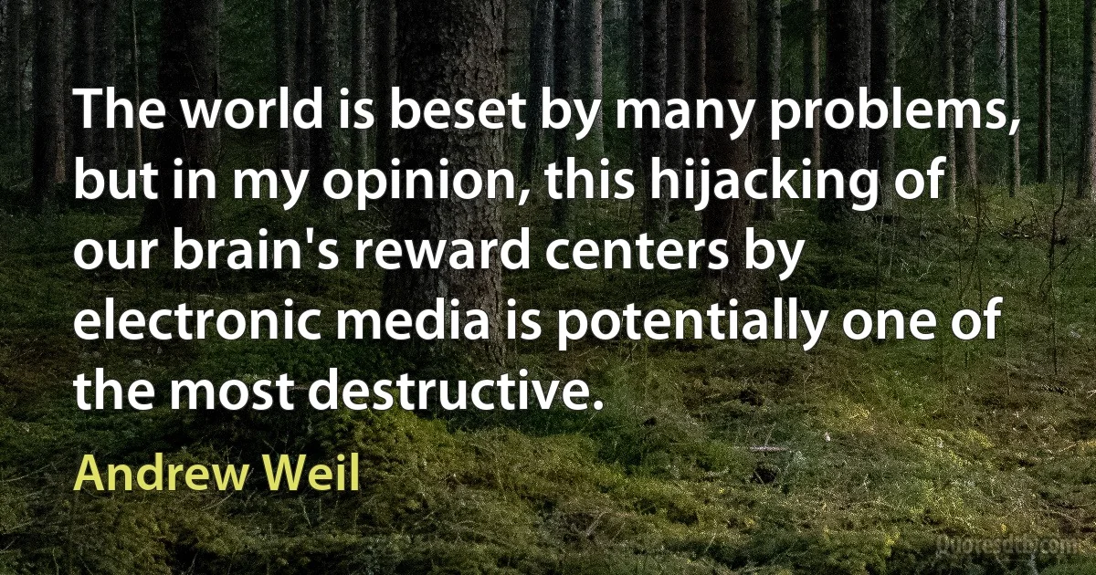 The world is beset by many problems, but in my opinion, this hijacking of our brain's reward centers by electronic media is potentially one of the most destructive. (Andrew Weil)